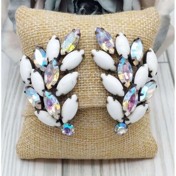 La Roco VINTAGE Milk Glass & AB Navette Crystal Clip On Earrings Large Climbers - Picture 1 of 10